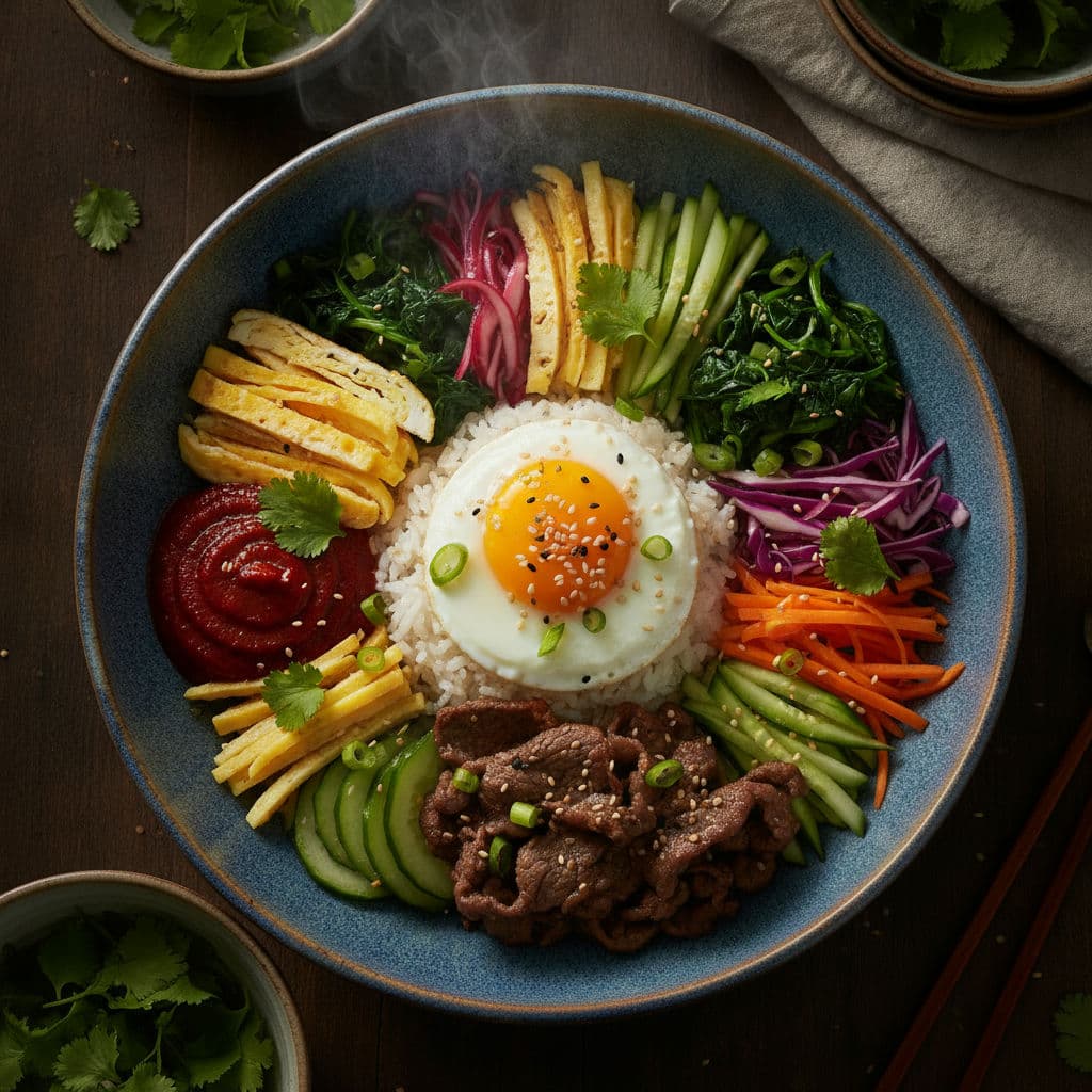 Farverig Koreansk Bibimbap med Lynstegt Oksekød