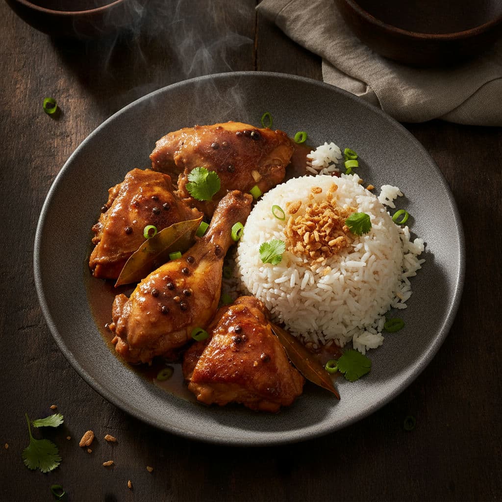Filippinsk Adobo-kylling med Hvidløgsris