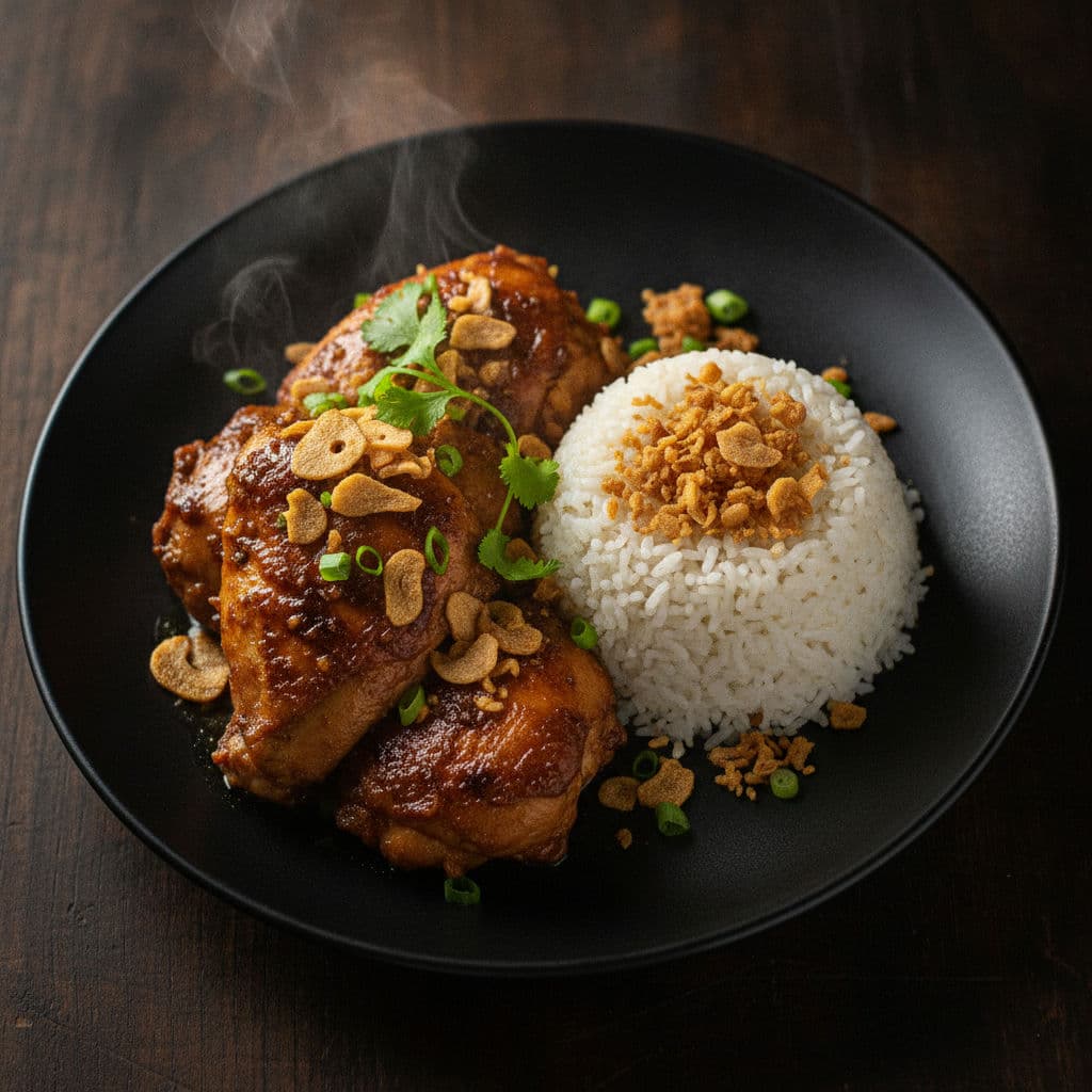 Filippinsk Kylling Adobo med Sprø Hvitløksris
