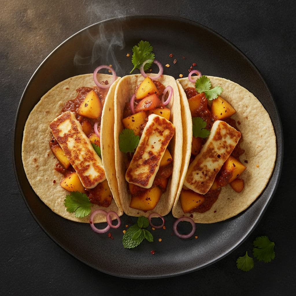 Grillad Halloumi-taco med persika och chipotle