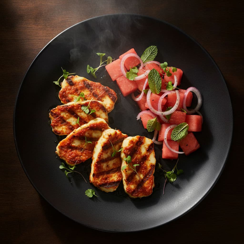 Grillet Halloumi med Harissa og Frisk Vannmelonsalat