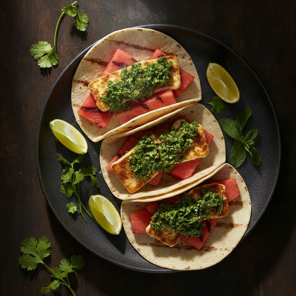 Grillet Vandmelon & Halloumi Tacos med Frisk Chimichurri