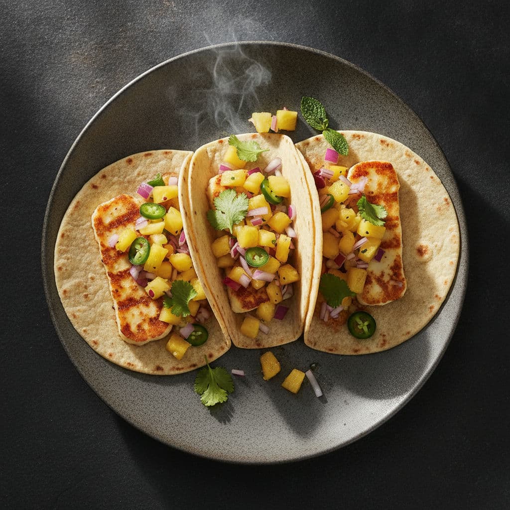 Grillstegt Halloumi-tacos med ananassalsa