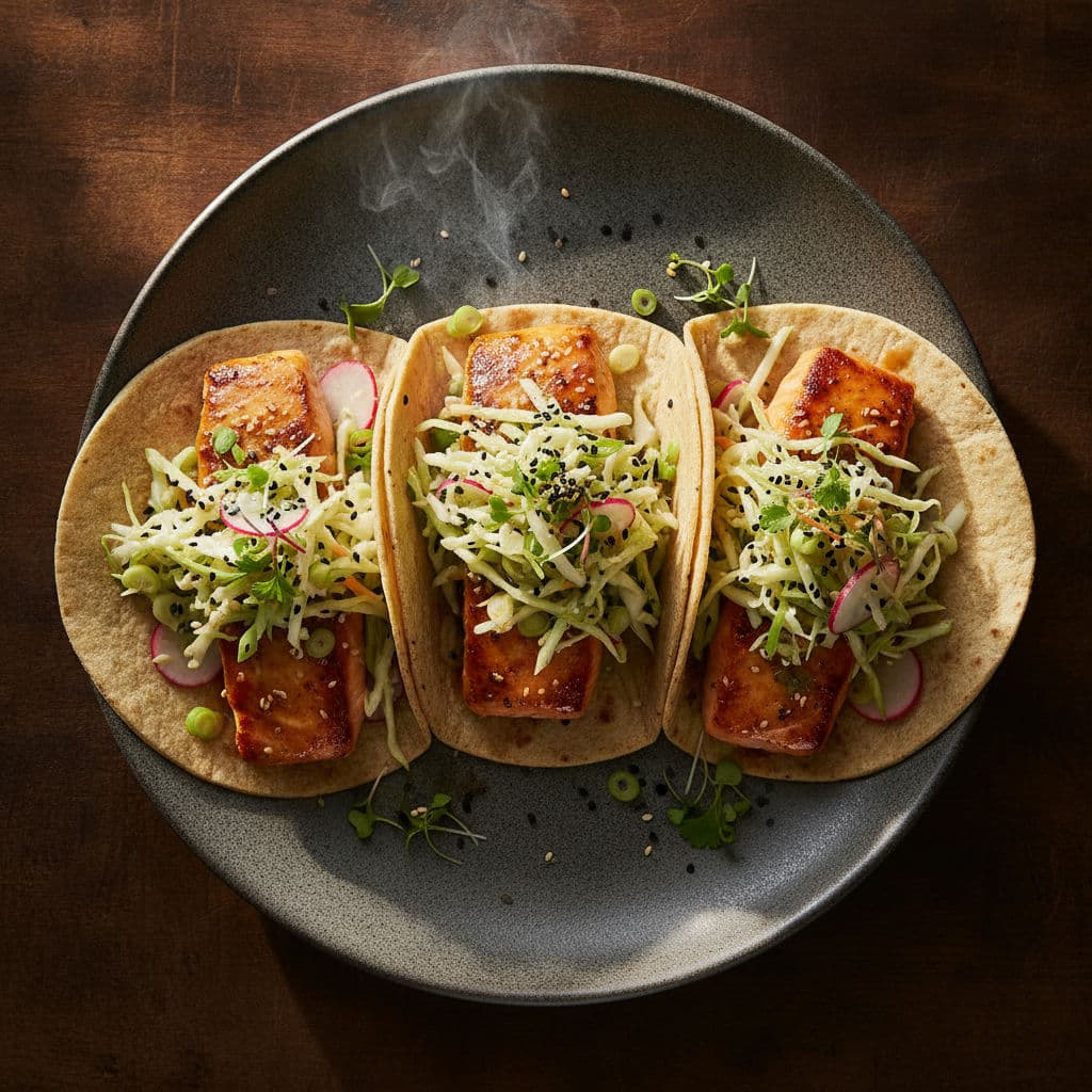 Miso-Ginger Glazed Salmon Tacos with Wasabi Slaw