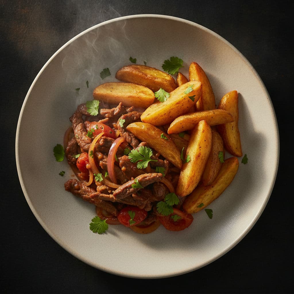 Peruansk Lomo Saltado med Krispig Klyftpotatis