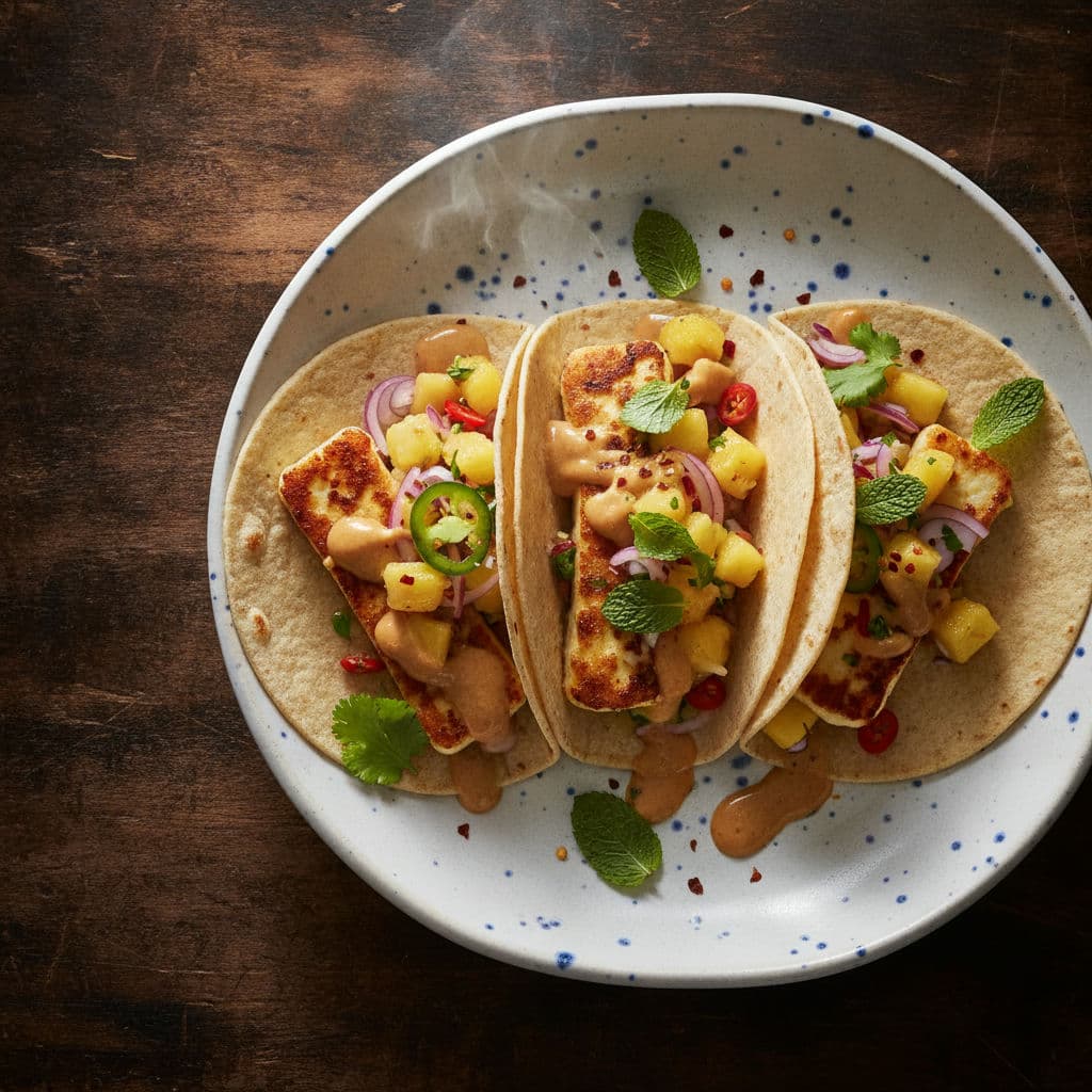 Somrig Halloumi-taco med Ananassalsa & Brynt Smör-majo