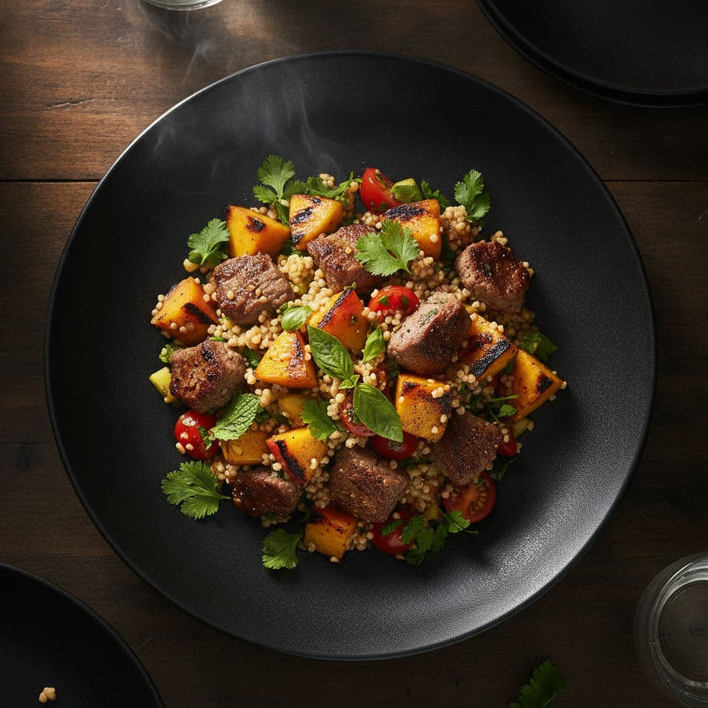 Spiced Lamb & Grilled Peach Summer Tabbouleh