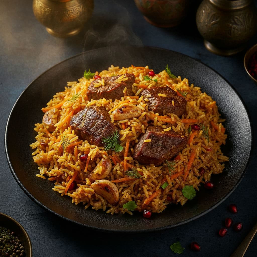 Uzbekisk Plov med Gyldne Gulerødder & Mørt Oksekød