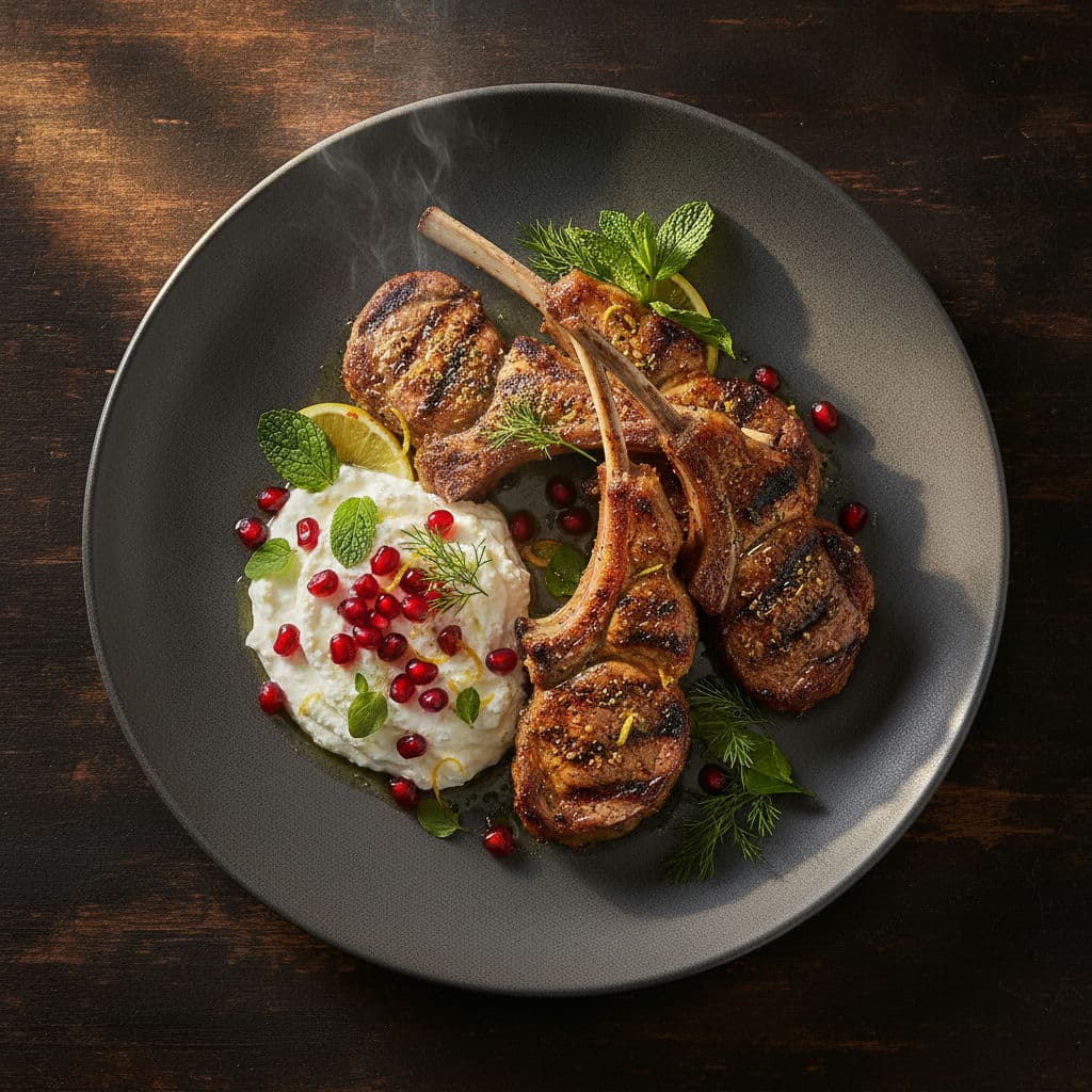 Zesty Greek Lamb Chops with Whipped Feta & Pomegranate
