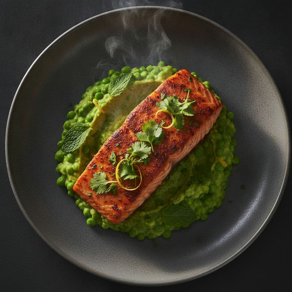 Zesty Harissa Salmon with Minted Pea Mash